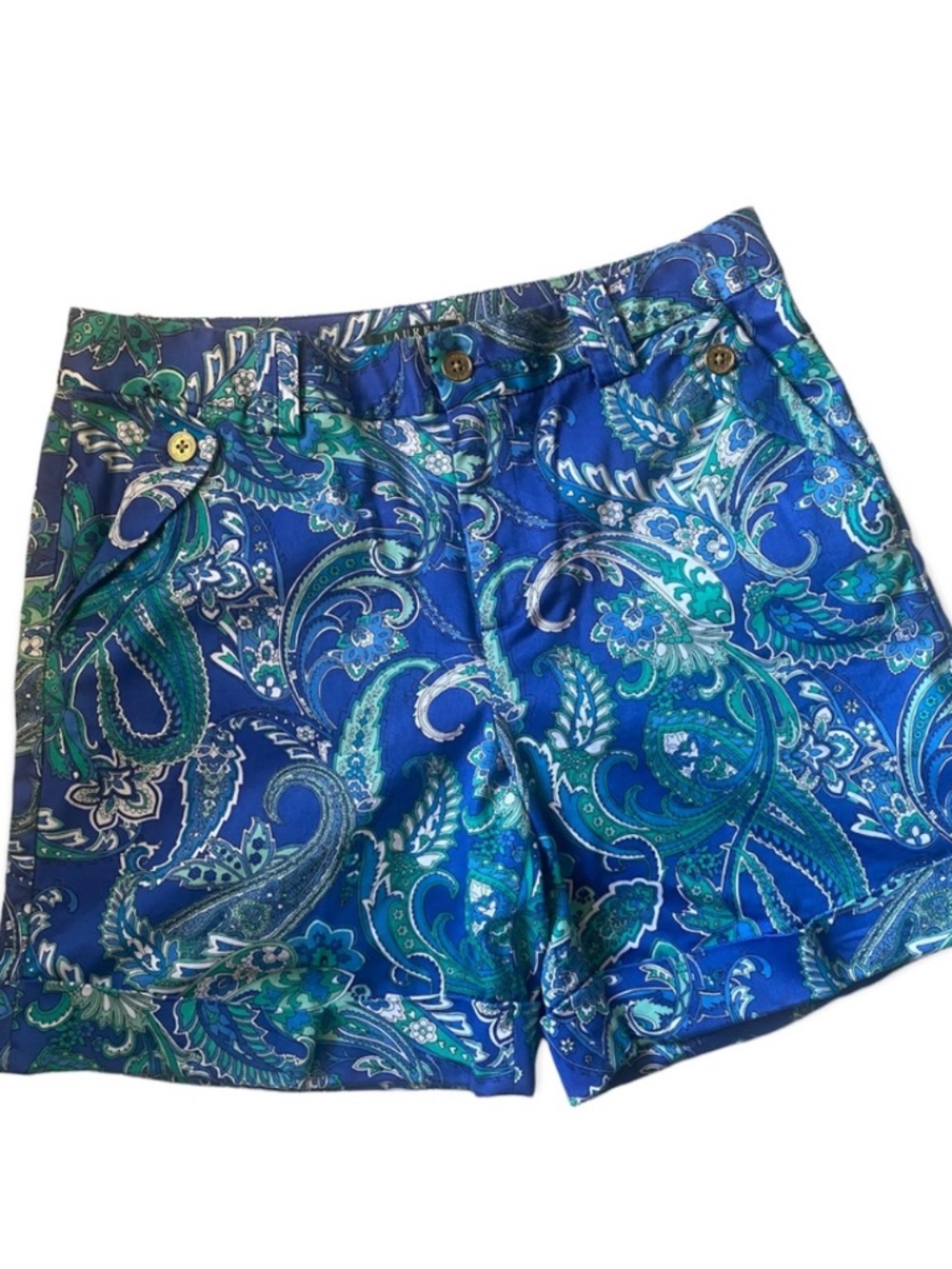 Lauren Ralph Lauren Knit Shorts Floral Paisley Print Cuffed Royal Blue Size 10